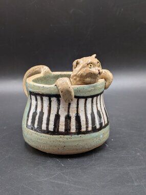 Artisan Ceramic Cat Mug Piano Design Pottery Coffee Cup Tail Shaped Handle 9 oz